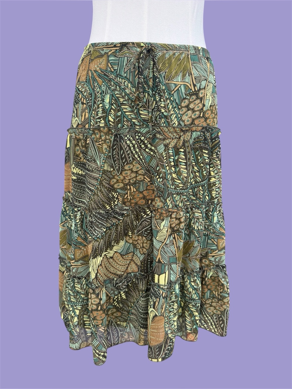 Vintage 90s Y2K Fairycore Cottagecore Whimsical Green Paisley Sparkle Midi Skirt